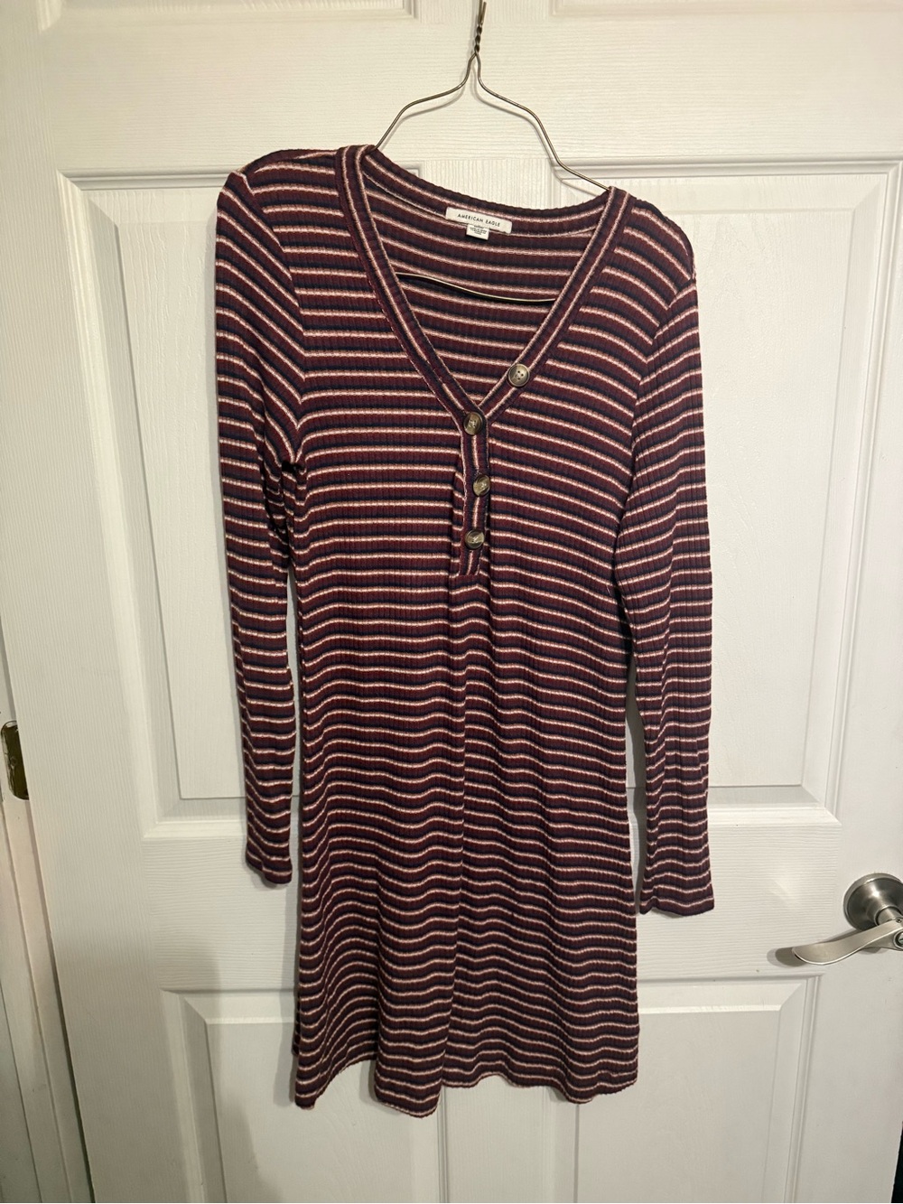 American Eagle Striped Long-Sleeve V-Neck Knit Dress in Burgundy and Cream
